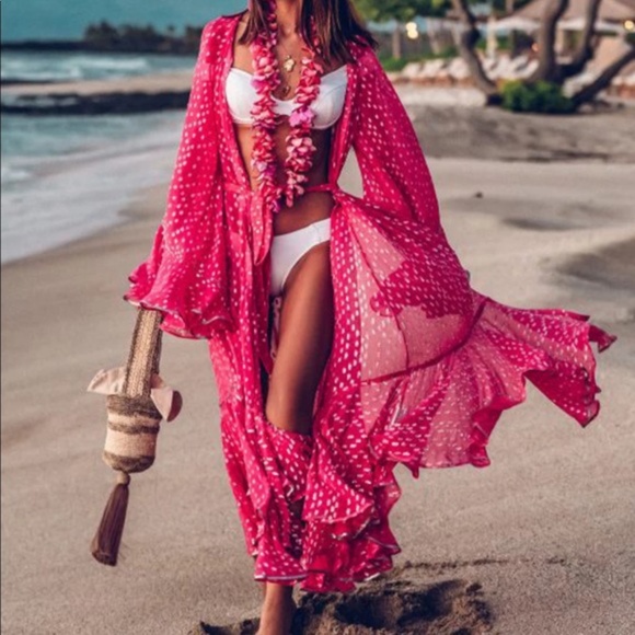 Pink Boho Ruffled Kimono OS - Picture 1 of 3